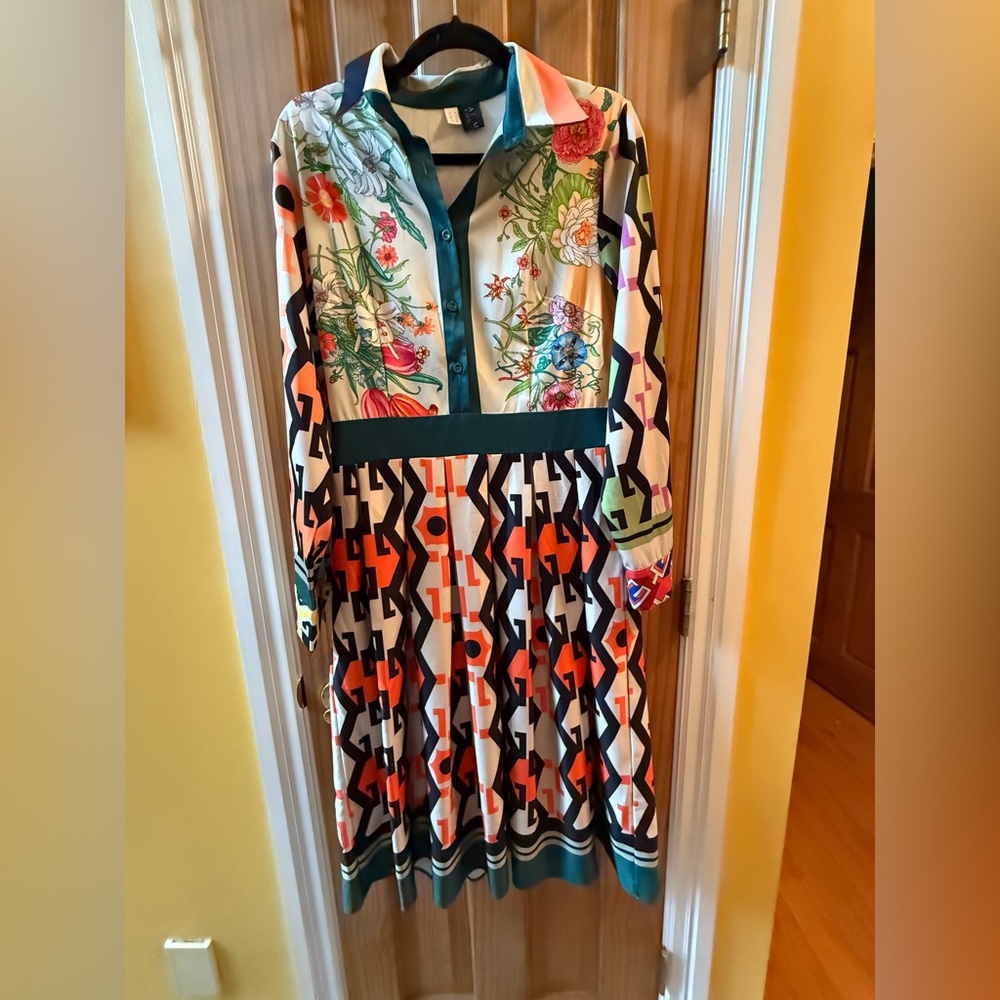 Lai Meng Five Cats Floral & Geometric Patterned ALine Fit & Flare Dress Size 8 - Picture 14 of 14